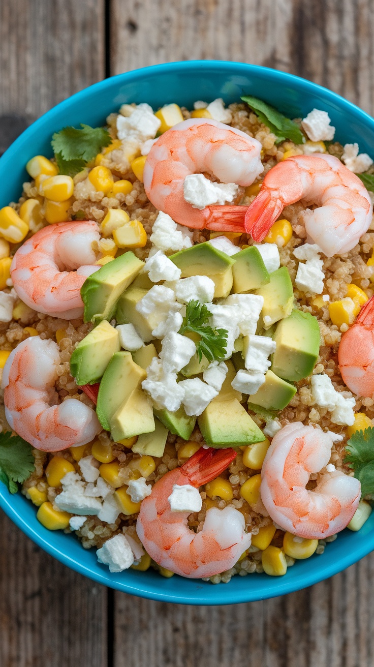 Elote shrimp and quinoa bowl with avocado, corn, and feta on a wooden table.